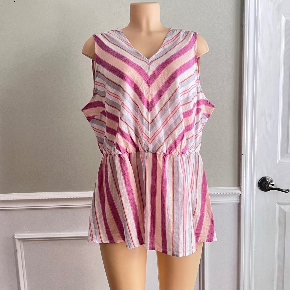 Lane Bryant Peplum Top Womens Sleeveless V-Neck Striped Pink Summer Boho